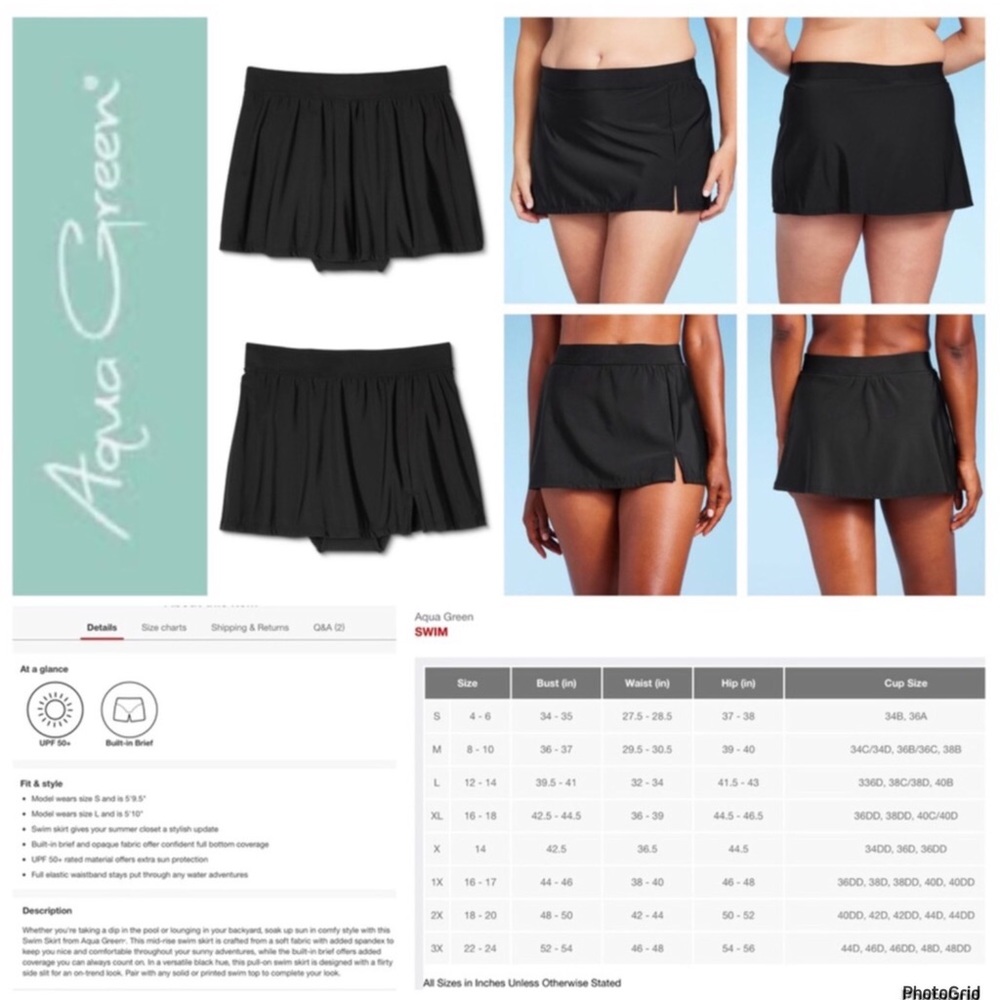 Aqua Green 20W/22W plus size black swimskirt swimsuit NWT